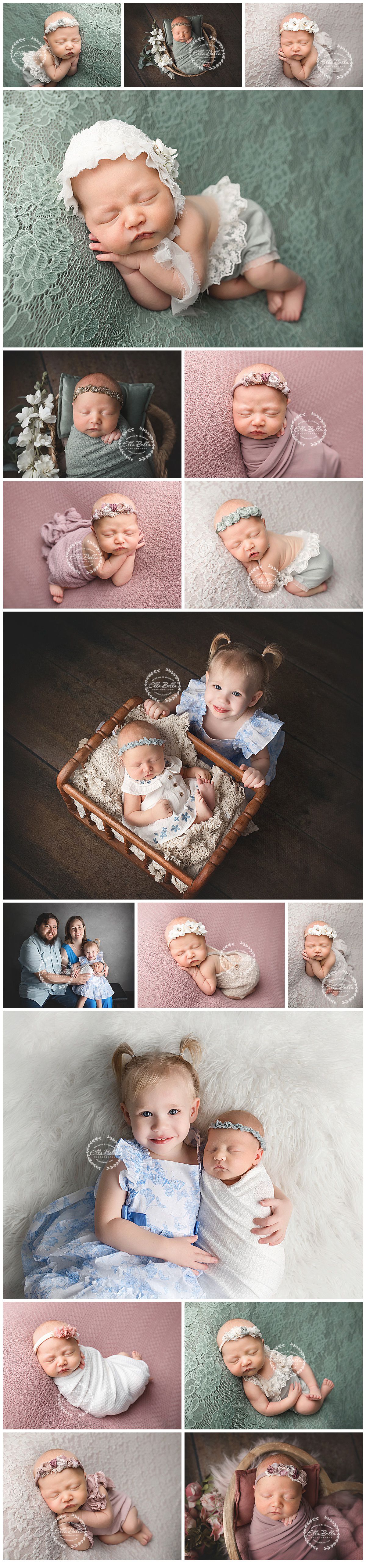 Professional newborn photography collection featuring artistic poses with delicate wraps, headbands and props in soft pastel colors.