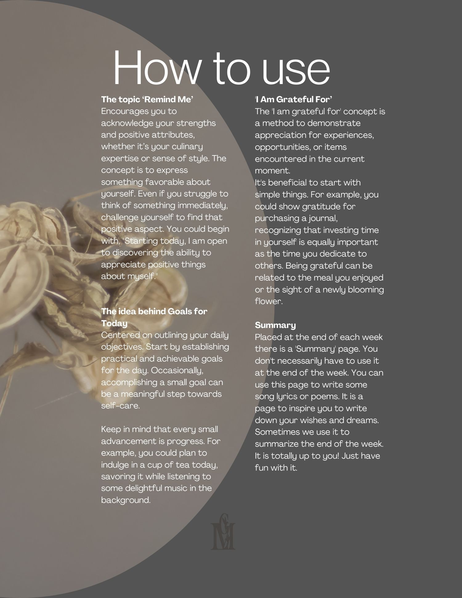 A journal book page showing text instructions on how to use a journal, with blurred nature elements in soft lighting.