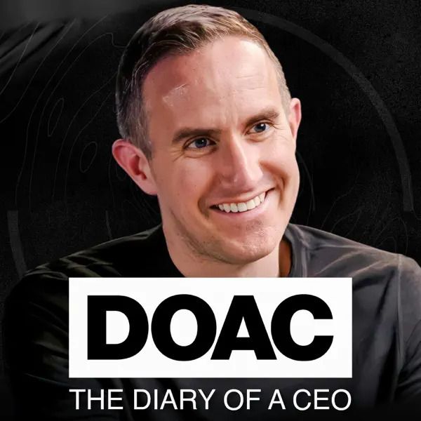 Professional headshot of a CEO podcast host wearing a dark shirt against a black background with DOAC branding.