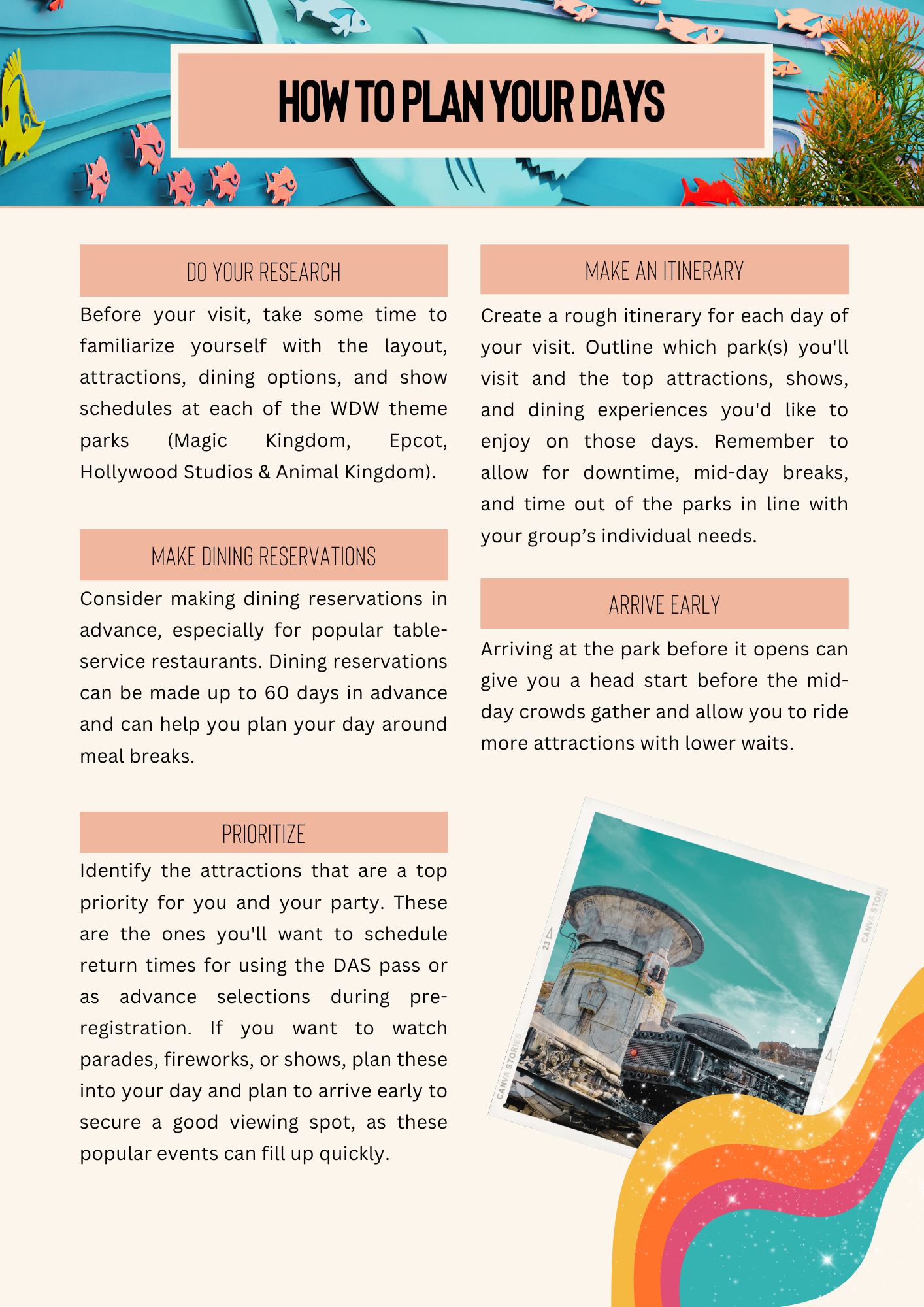 Planning guide for organizing daily itineraries at Disney World theme parks.