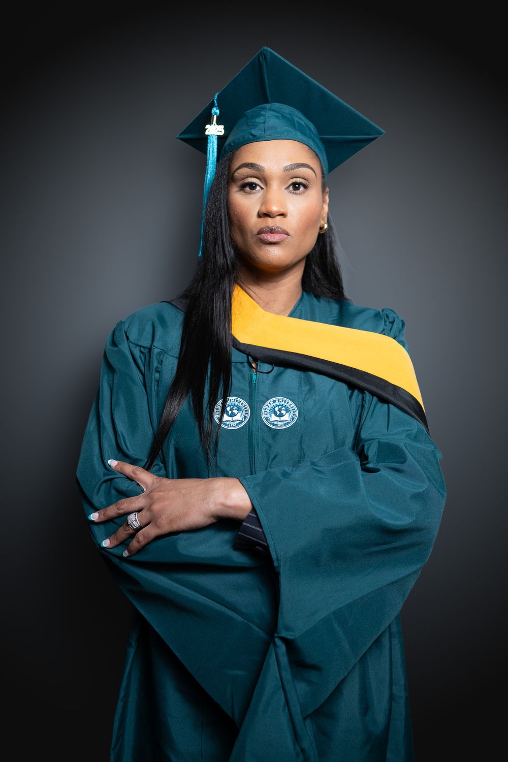 A series of graduation portraits showing a person in teal academic regalia with gold accents against a dark background.