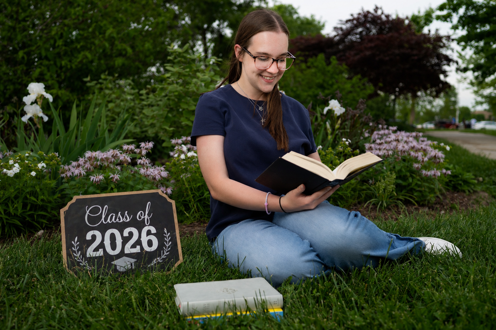A young woman sits on grass reading a book beside a Class of 2026 sign, surrounded by blooming flowers.