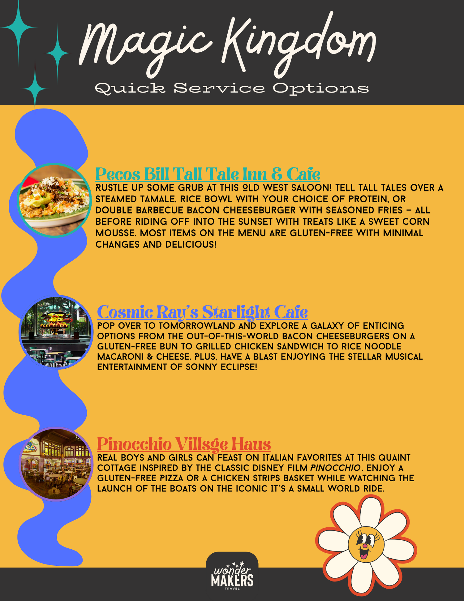 Quick service menu page showing Pecos Bill, Cosmic Ray's, and Pinocchio Village Haus restaurant options.