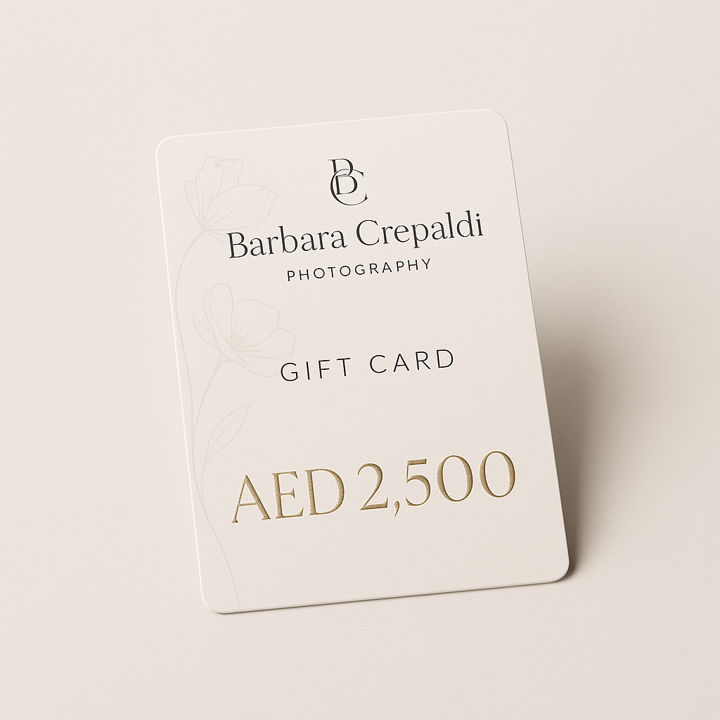 A white gift card for Barbara Crepaldi Photography showing a value of AED 2,500 on a beige background.