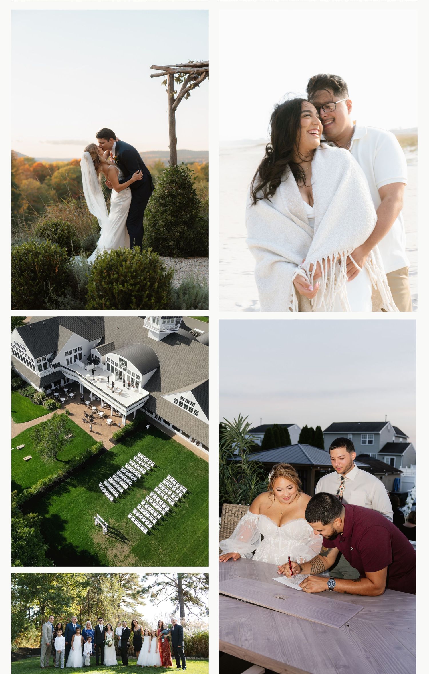 An intimate outdoor wedding ceremony with white chairs set up on a manicured lawn overlooking a luxury waterfront estate.