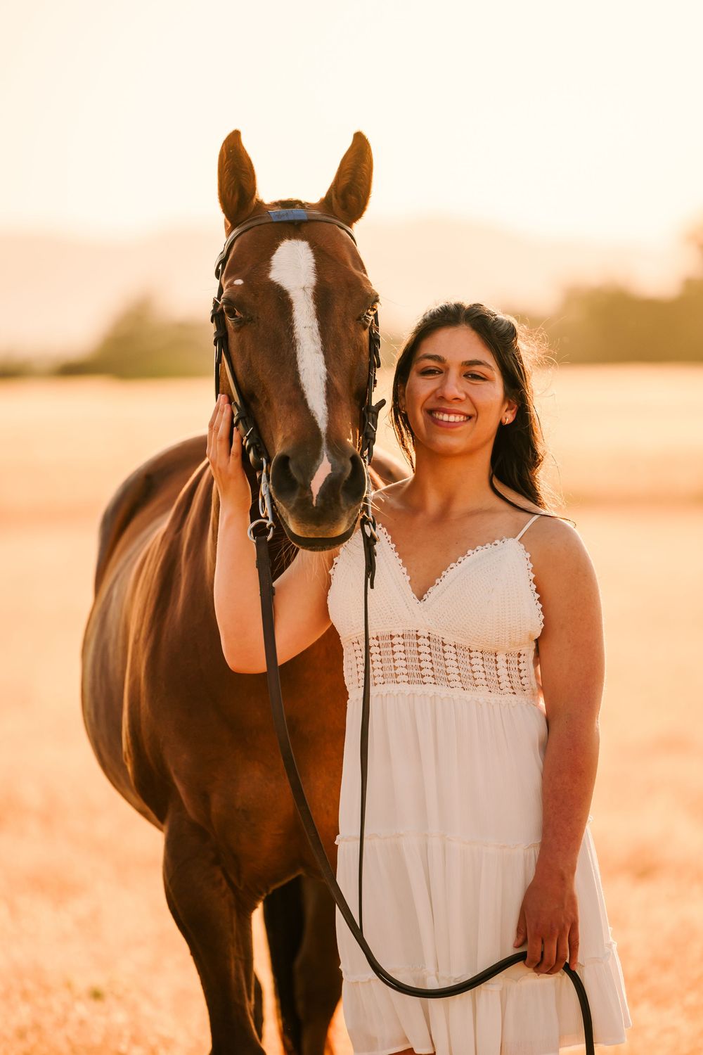 A horse and rider in a white lace top stand in a sun-drenched field at golden hour.