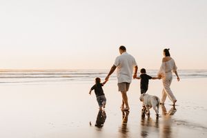 Family with dog strolling along shoreline during sunset with reflections in wet sand.