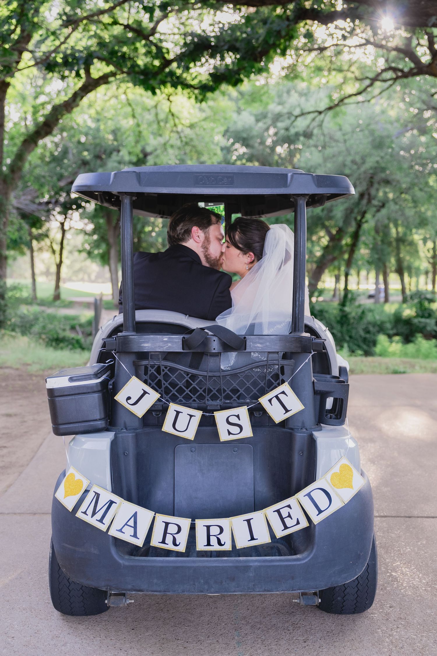Wedding country club Sky Creek Ranch Keller, TX golf course wedding dress groom tuxedo wedding party sunset portrait ring shot just married