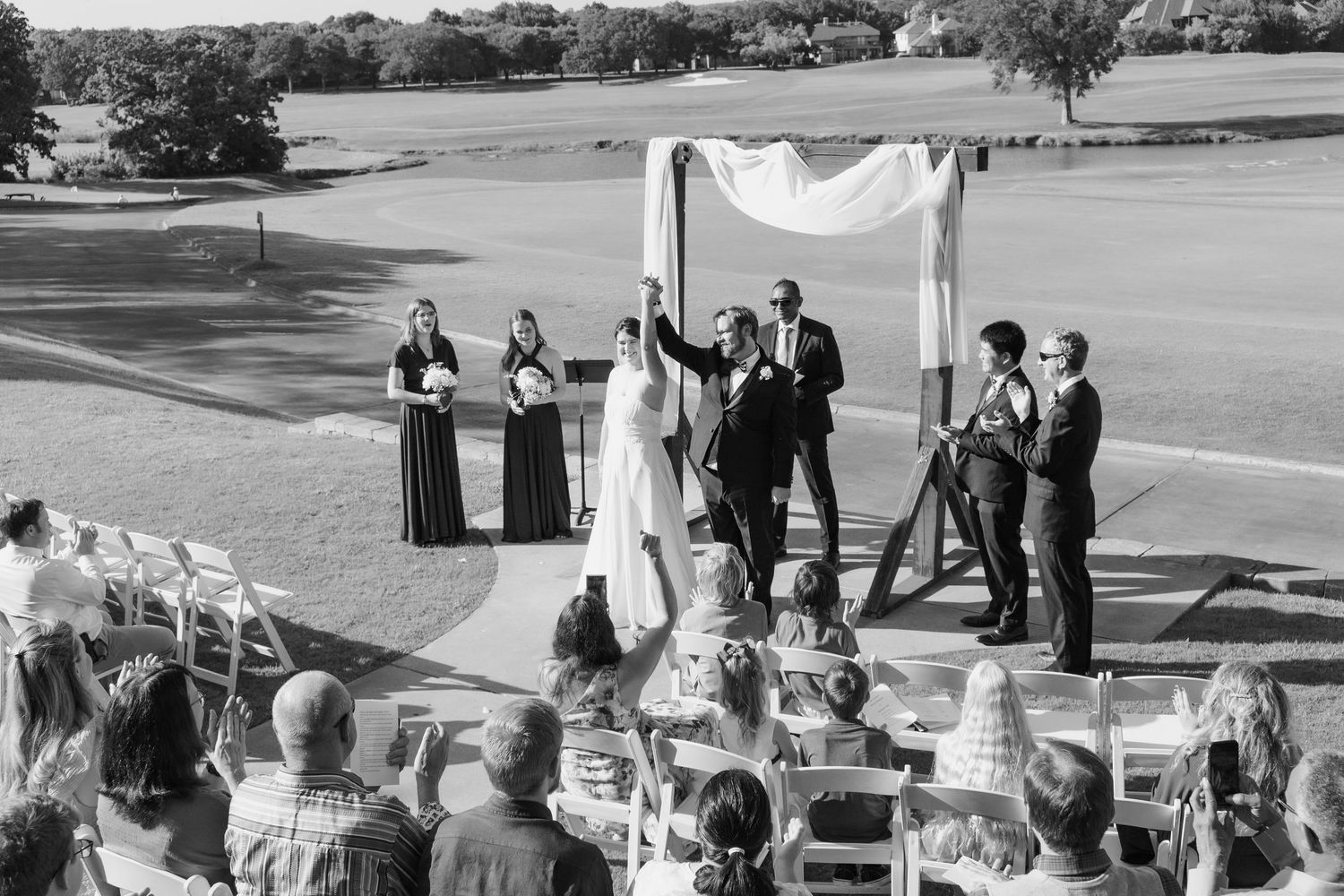 Wedding country club Sky Creek Ranch Keller, TX golf course wedding dress groom tuxedo wedding party sunset portrait ring shot just married