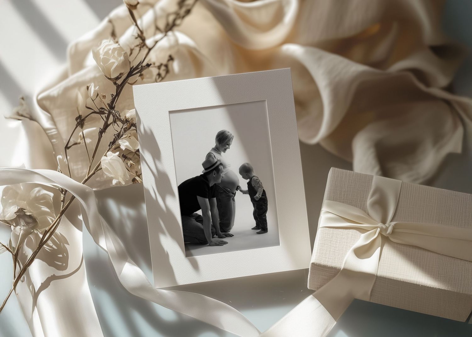 minneapolis photographer's photo in a cream frame sits in the middle of the photo with florals and cream fabric