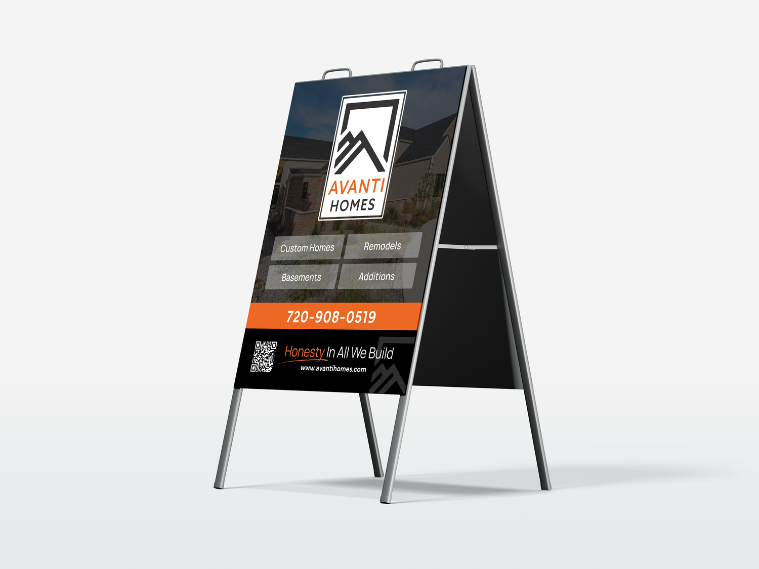 Black A-frame sidewalk marketing sign for Avanti Custom Homes.