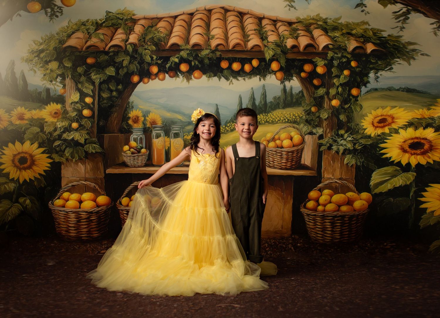 A rustic Italian fruit stand with terracotta roof, fresh lemons in baskets, and sunflowers overlooking a Tuscan countryside.