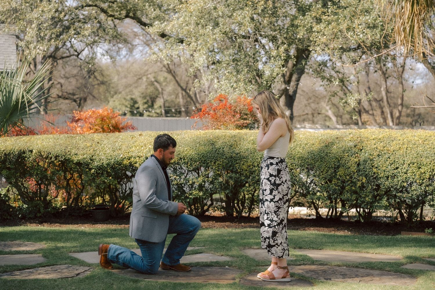A proposal scene in a garden with a person kneeling in front of someone standing amid flowering bushes and trees.