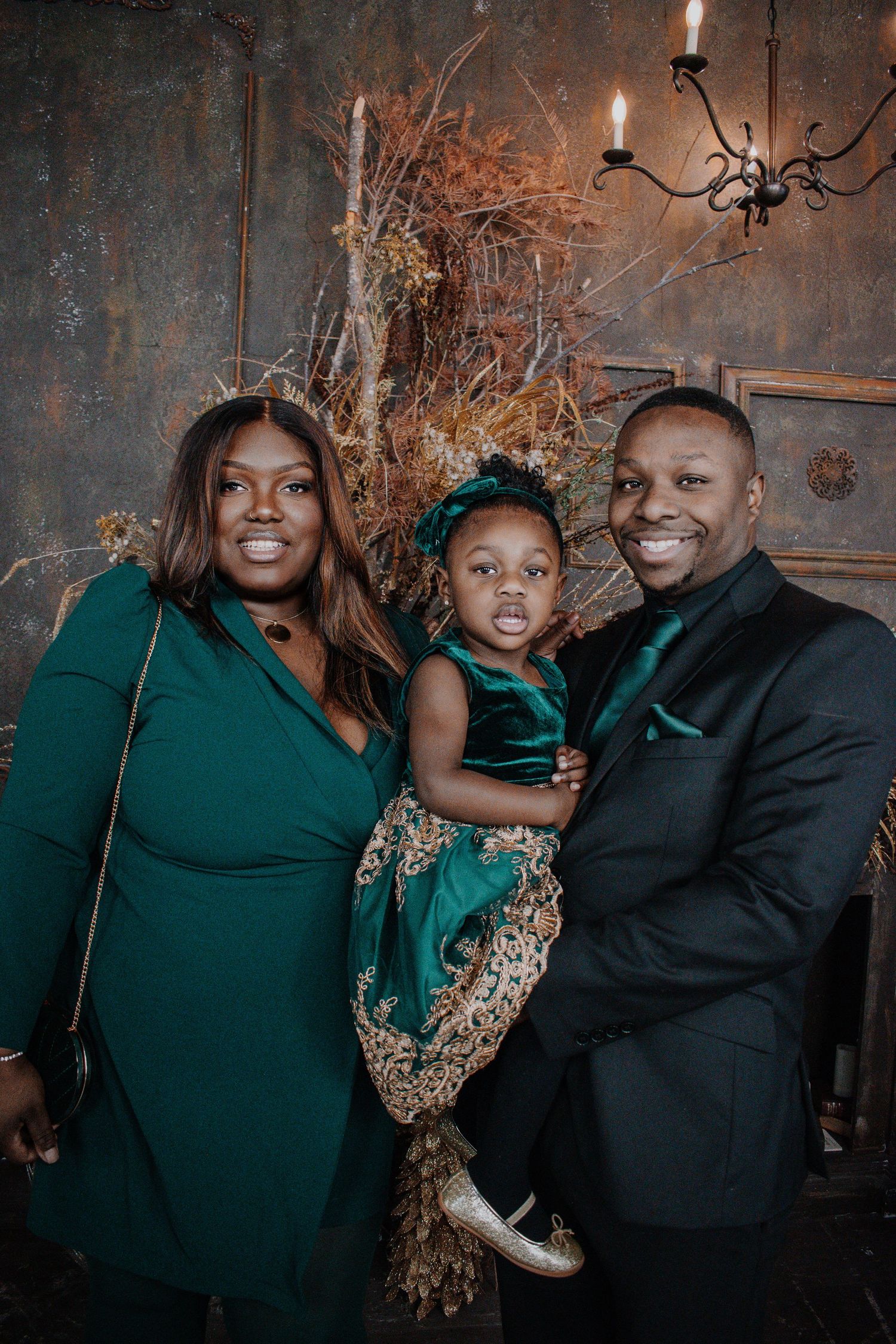 Family dressed up for holiday family photos in Seattle home setting