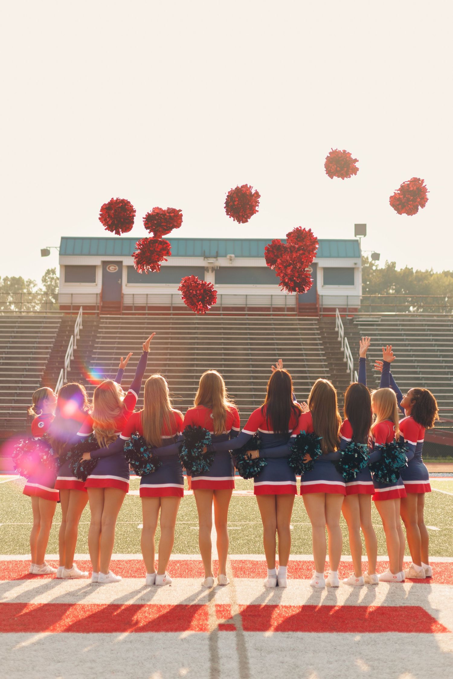 Group Cheerleading Senior Session. Pom Poms, Golden, Football field, Cheer outift
