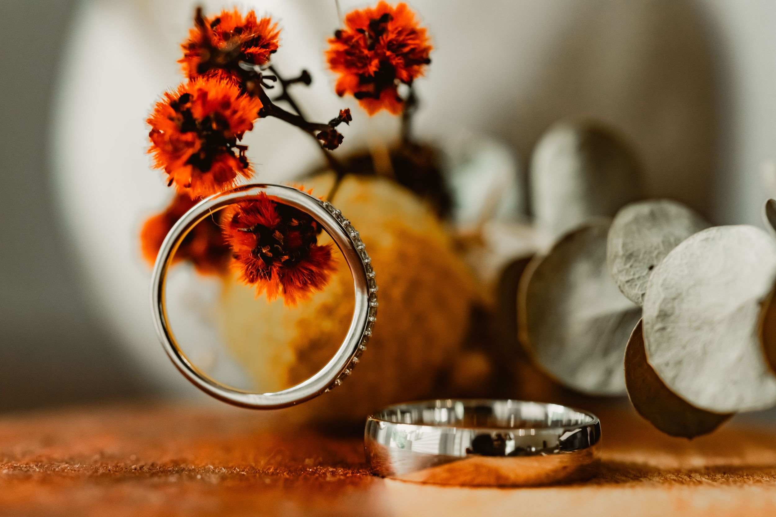 Orange marigold flowers with wedding rings captured in artistic macro photography against a soft blurred background.