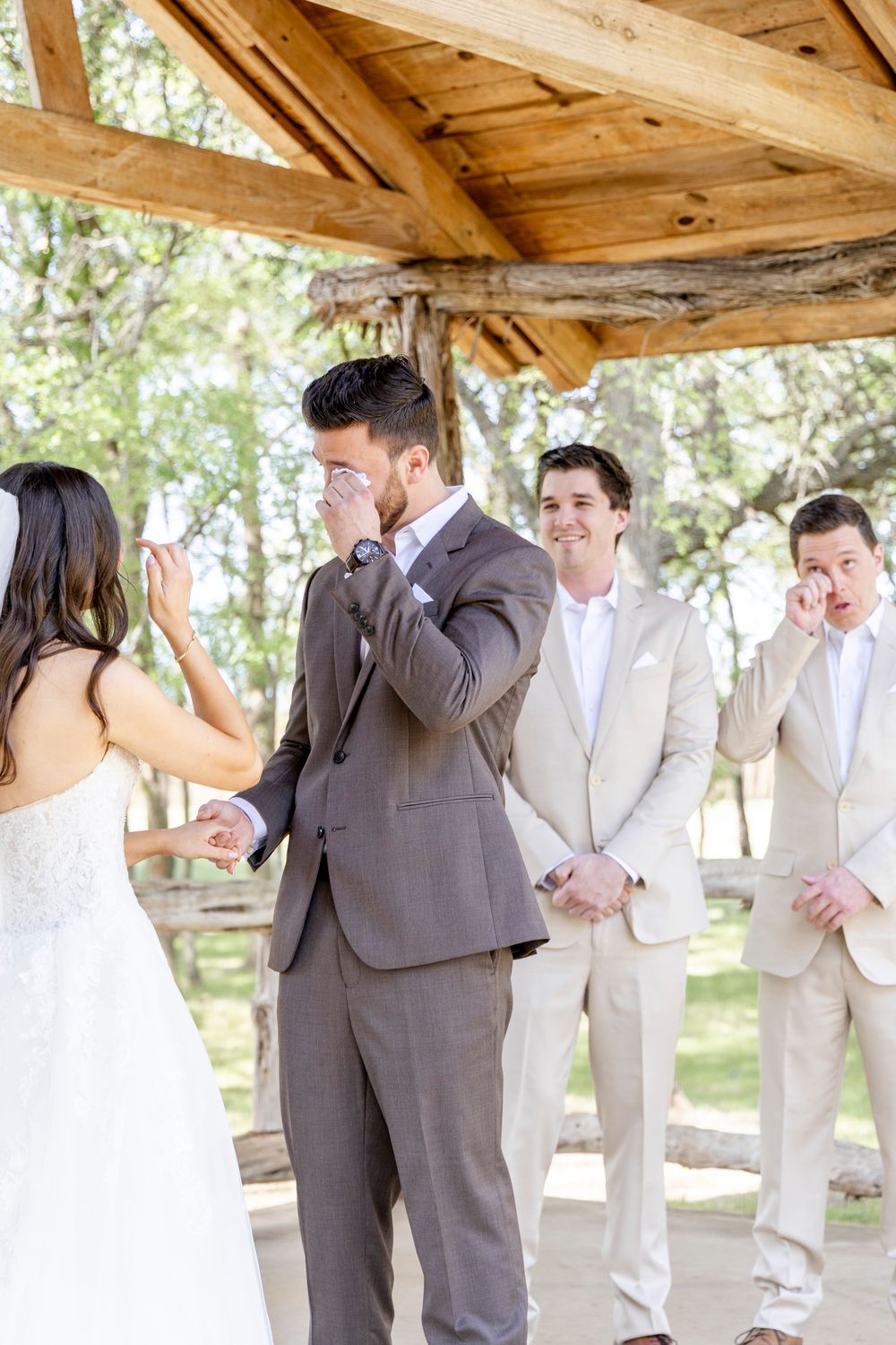 Groom crying during Austin Texas Wedding Ceremony when he sees his bride.