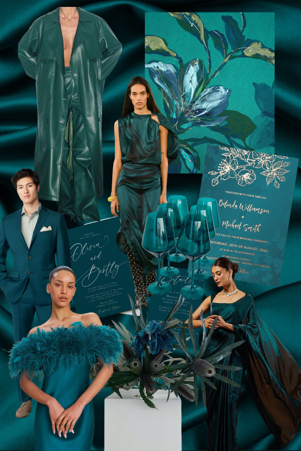 Fashion mood board in deep teal featuring elegant eveningwear, floral illustrations, and glassware against a luxurious satin backdrop.