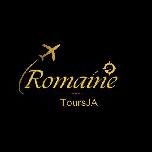 Black background with gold airplane icon and text designs for ToursJA and Romaine in an elegant style.