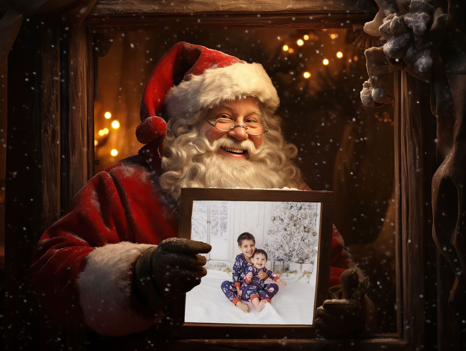 Dark and cozy Christmas window scene with warm glowing lights and snowy atmosphere.