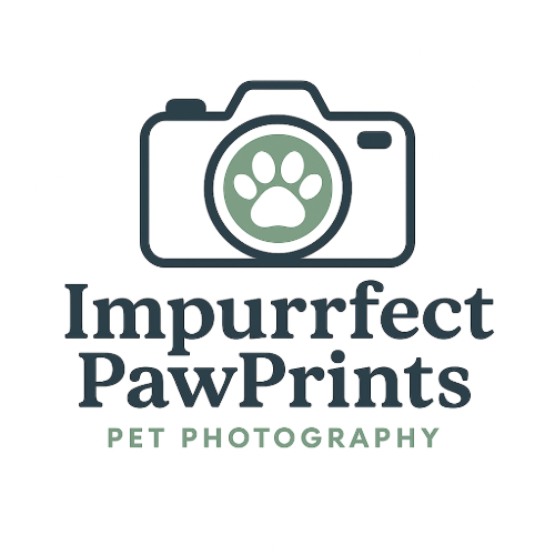 Impurrfect PawPrints Pet Photography logo featuring a camera with a green paw print lens on white background.