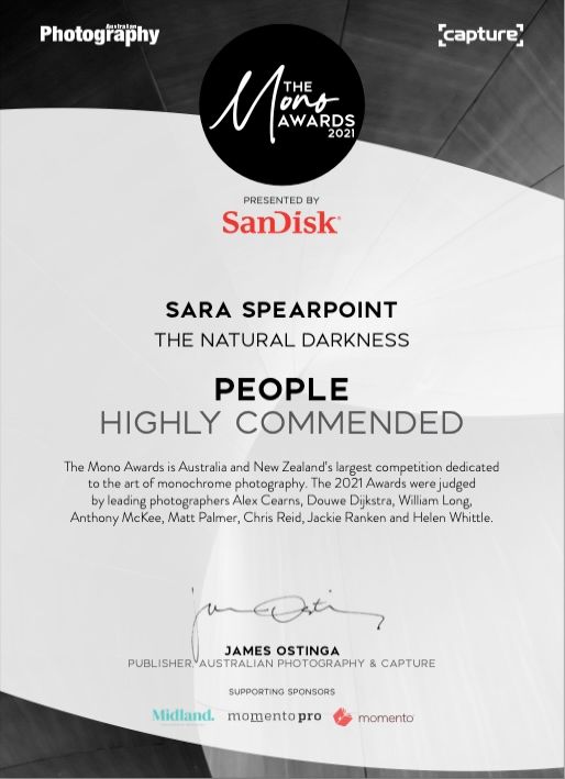 Black and white photography award certificate for People category from The Mono Awards.