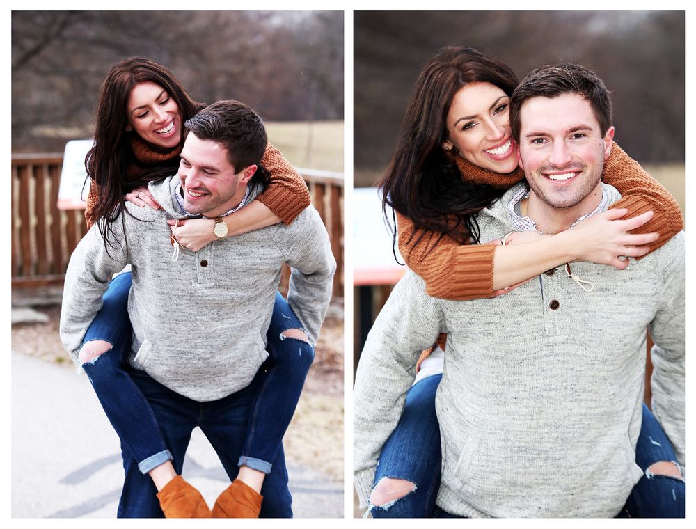 Two people in casual winter clothing share playful and affectionate moments in a lifestyle photo series.