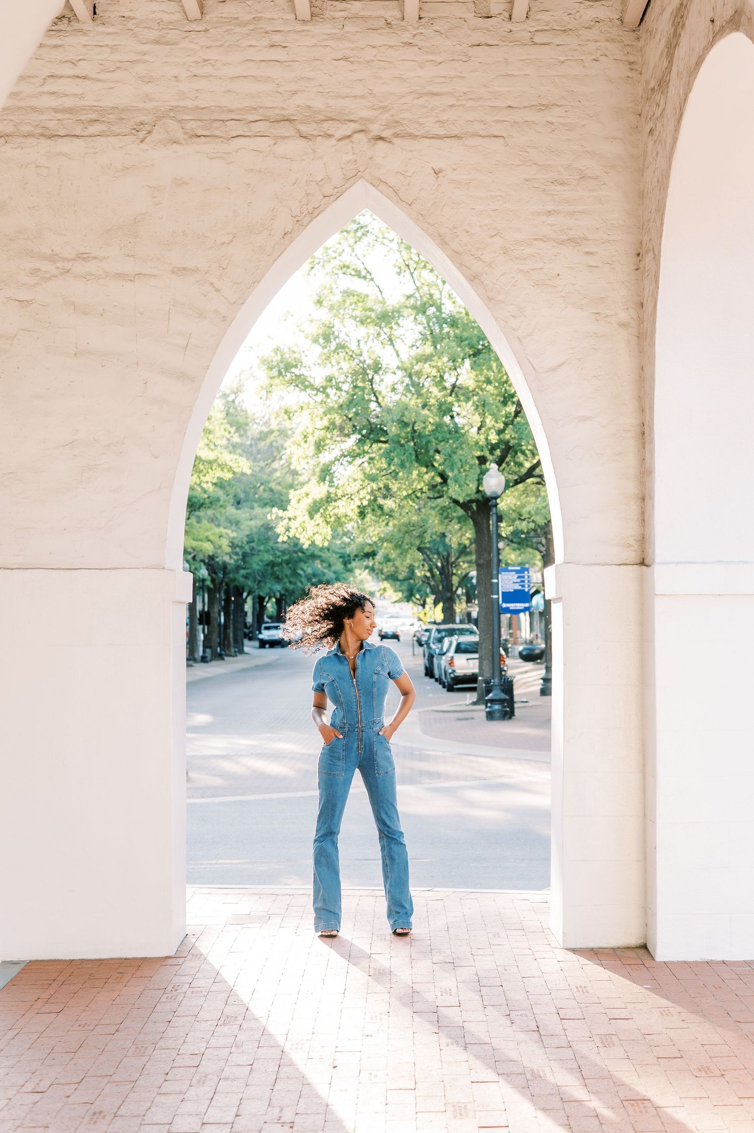 Stunning fashion portrait image with gorgeous backlight in downtown Fayetteville North Carolina