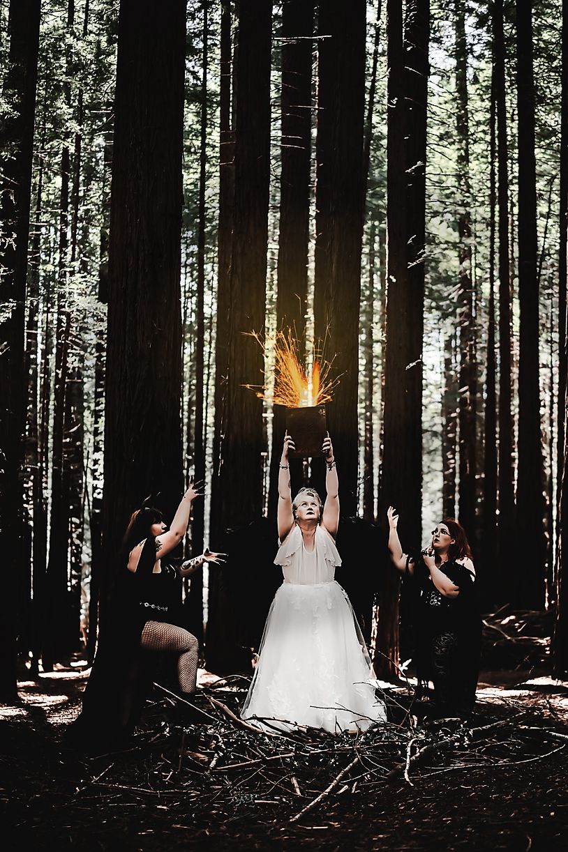 Artistic photo series showing silhouettes of figures in a dark forest with mysterious glowing lights.