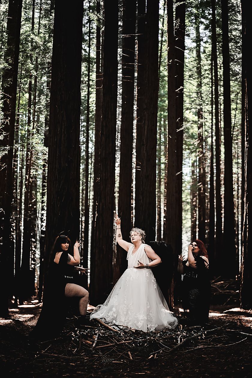 A whimsical forest photoshoot featuring a white wedding dress against dark evergreen trees.