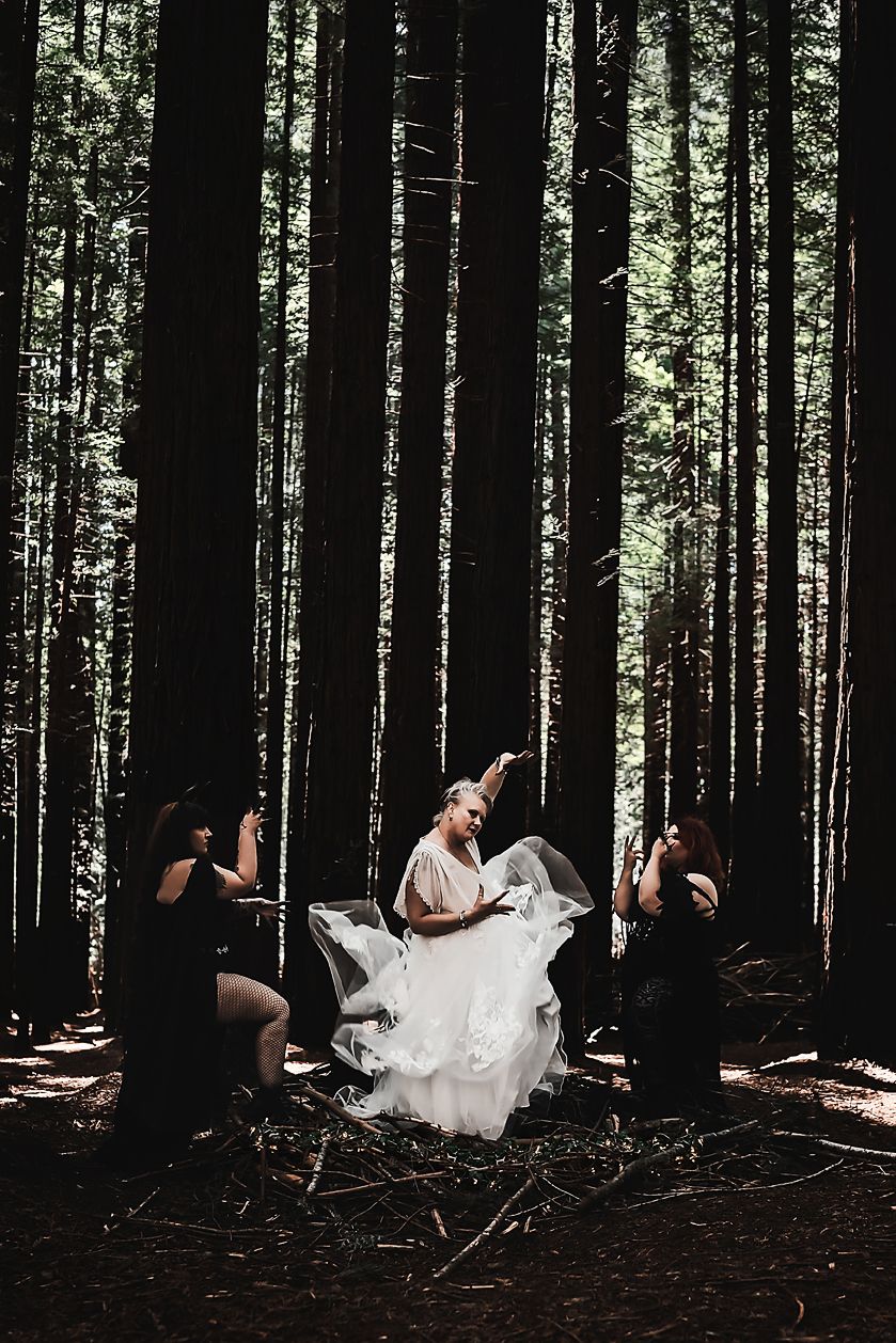 A series of artistic wedding photos showing a flowing white dress in motion among tall forest trees and dark shadows.