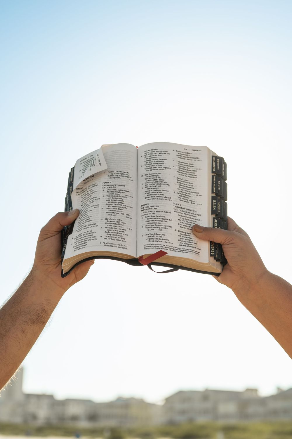 Sequence of hands holding and spreading open a book against a bright sky background.