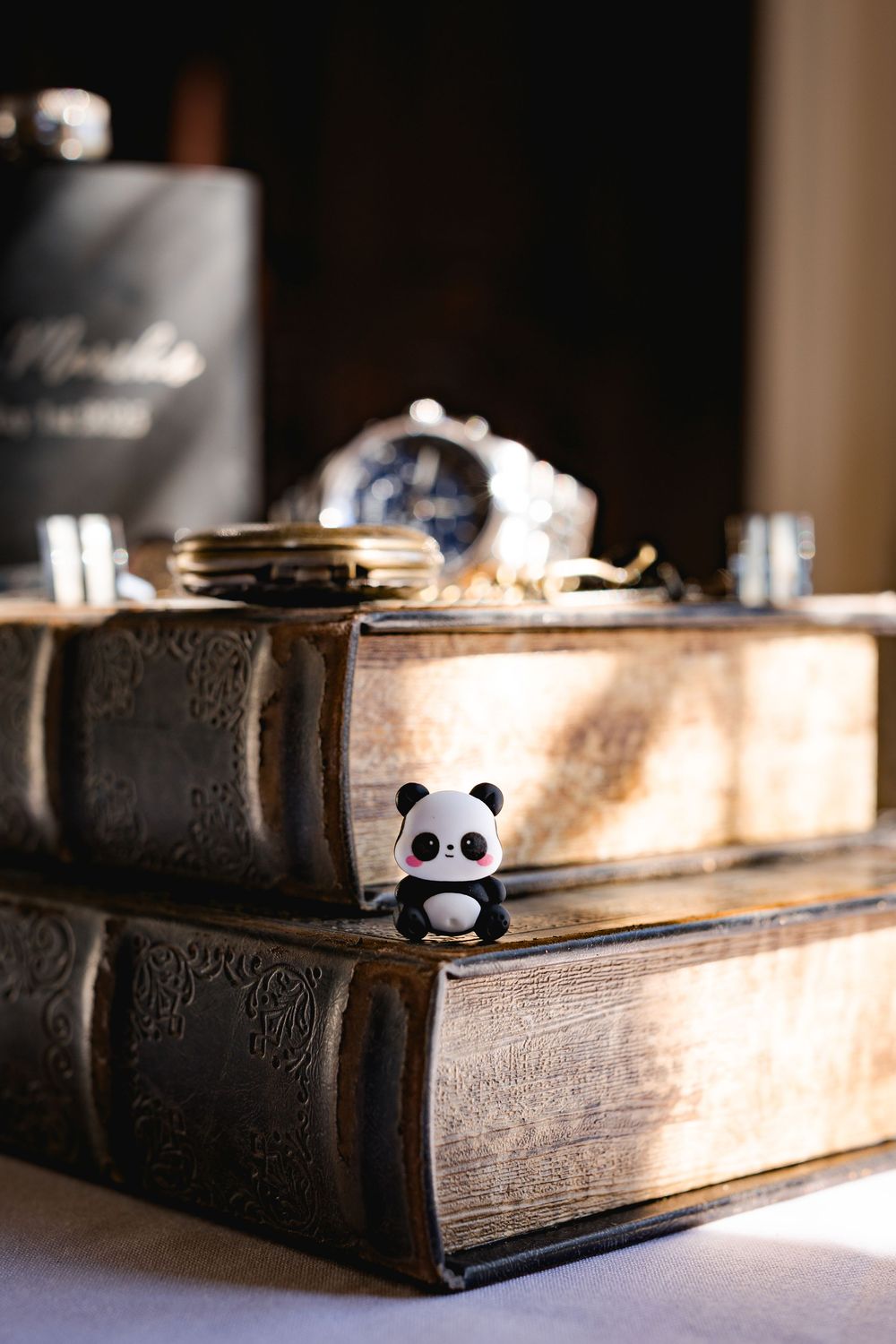 A series of vintage books lying flat with a small panda bookmark peeking out from between the pages.
