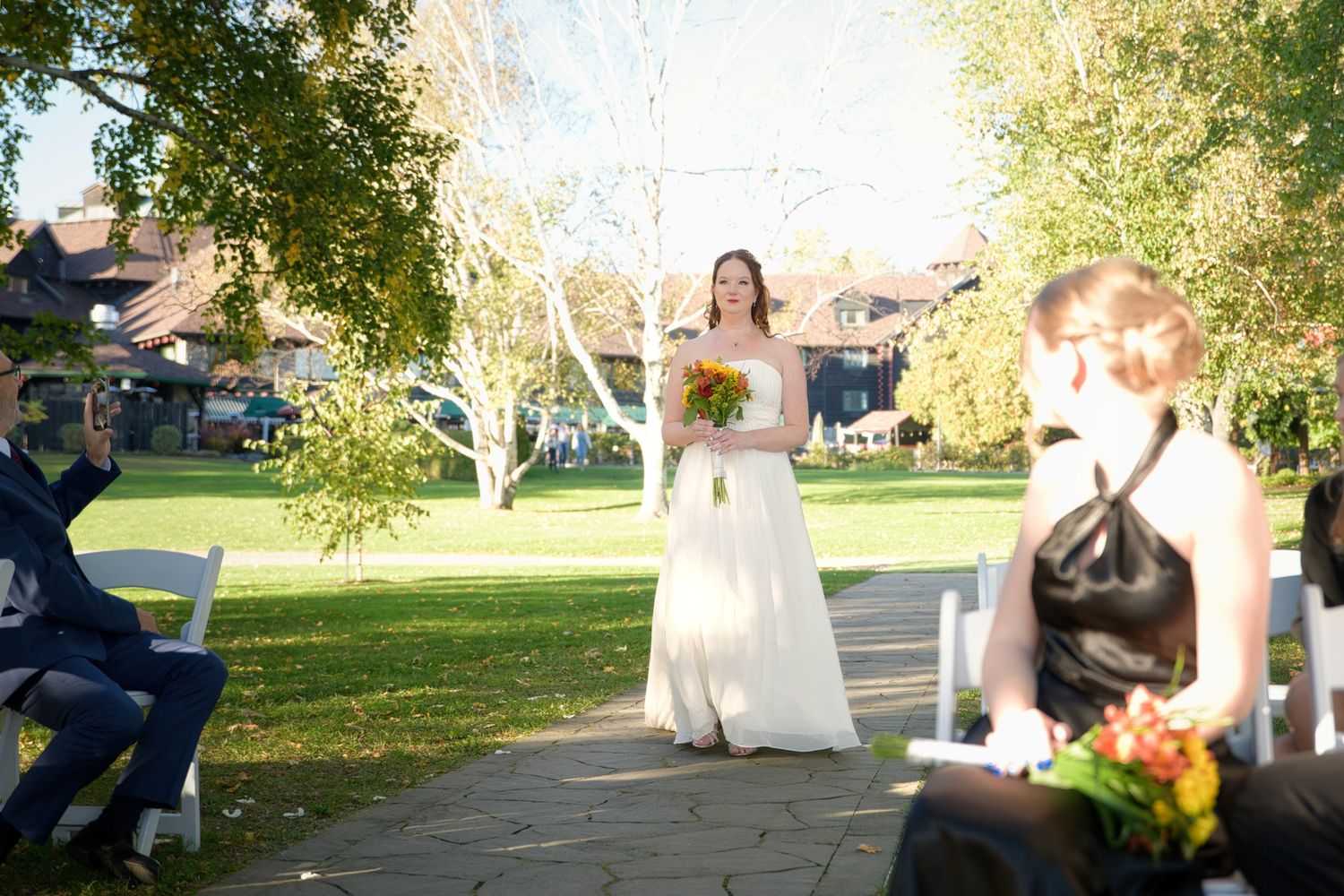A candid wedding celebration photo sequence showing joyful moments in an outdoor garden setting.