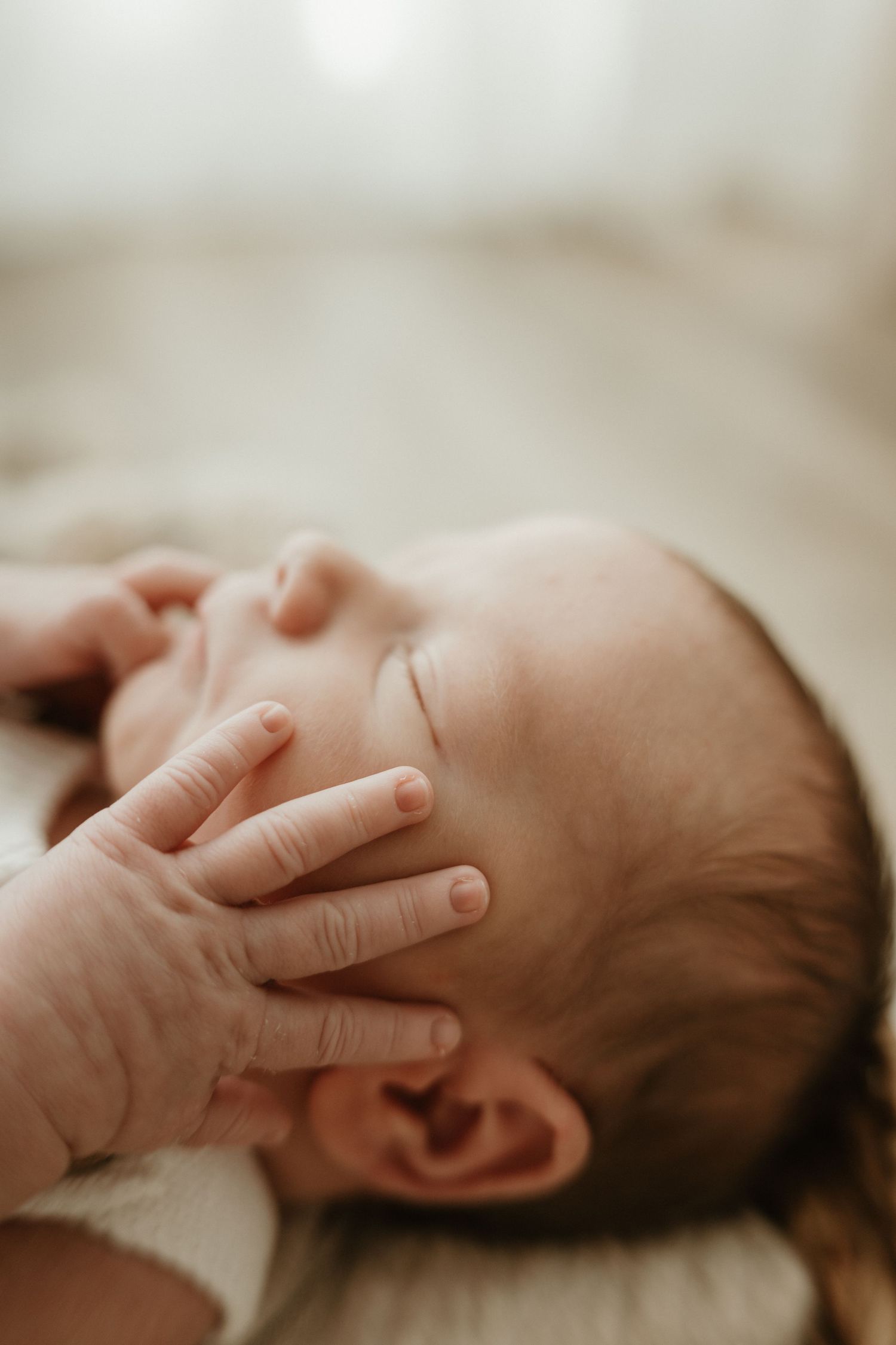 Series of peaceful newborn baby portraits showing peaceful sleeping infant swaddled in soft white blanket against neutral background.