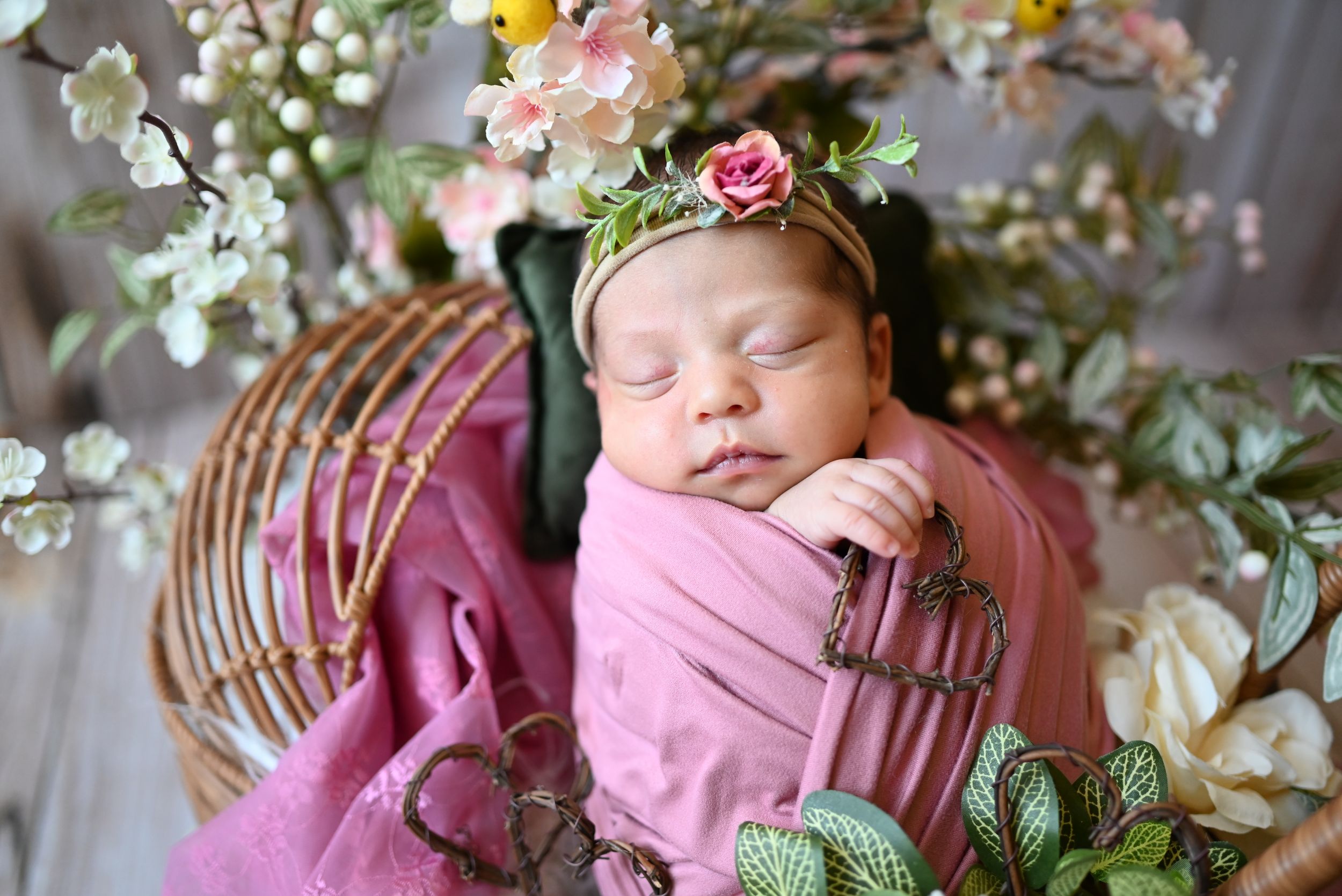 Peaceful newborn wrapped in pink swaddle wearing floral crown rests in wicker basket surrounded by spring blossoms.
