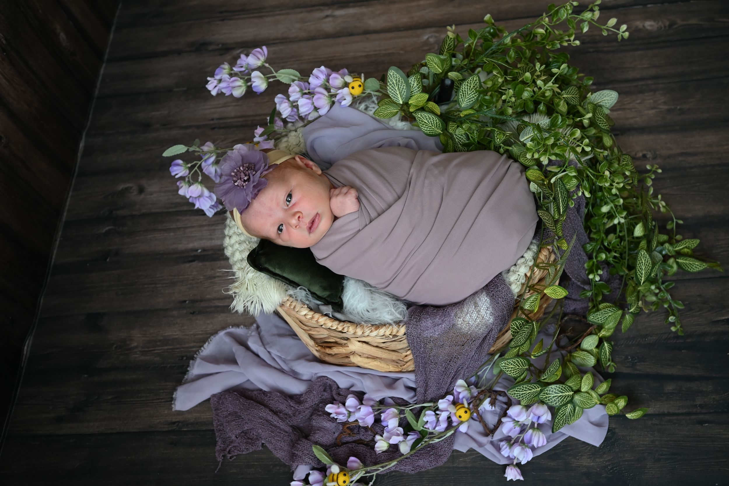 Delicate purple flowers and greenery arranged in a rustic garden setting against a dark wooden backdrop.