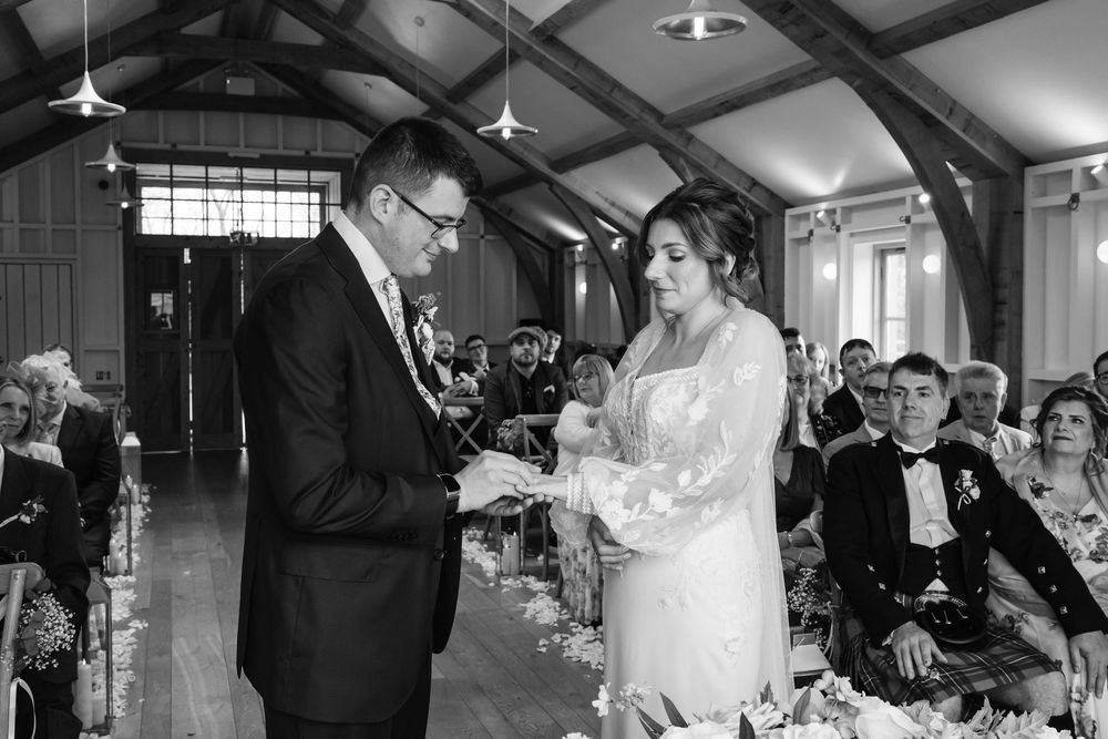 Hyde House Wedding Photographer Cotswolds Zara Davis Photography Gloucestershire Cheltenham black and white ring exchange barn