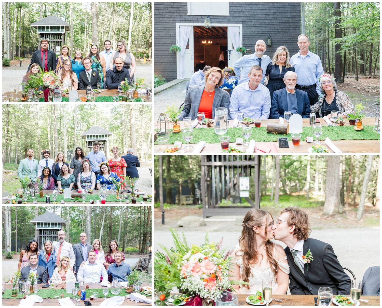 A collage of wedding celebration photos showing guests gathered outdoors in a wooded setting with tables and floral decorations.