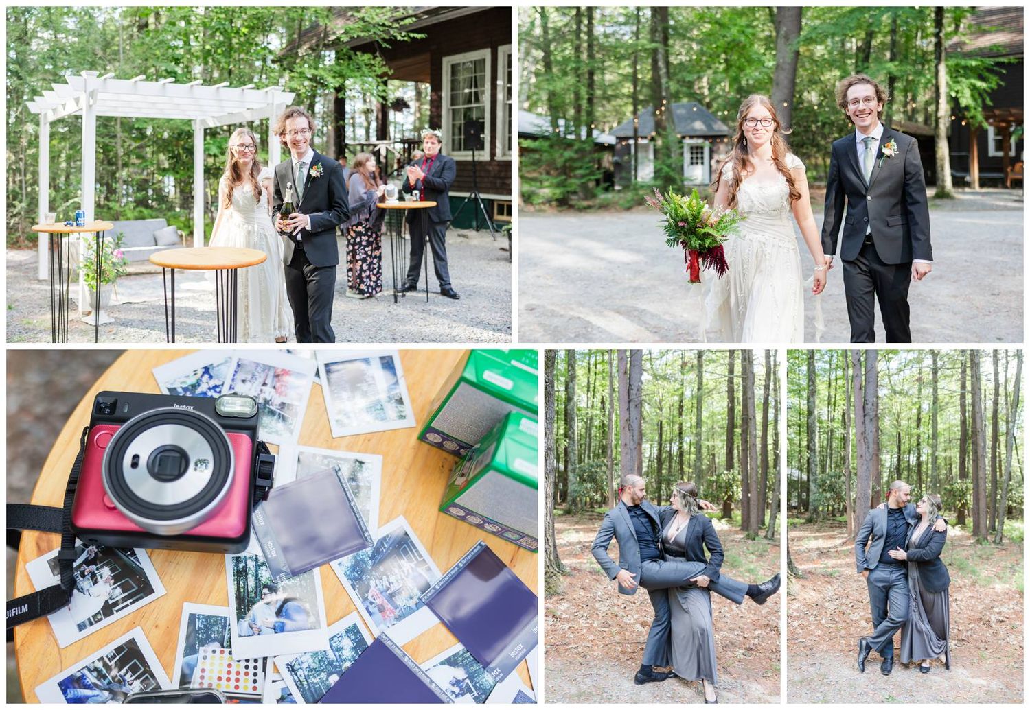 Joyful wedding party poses for photos among lush trees and natural surroundings during an outdoor forest celebration.