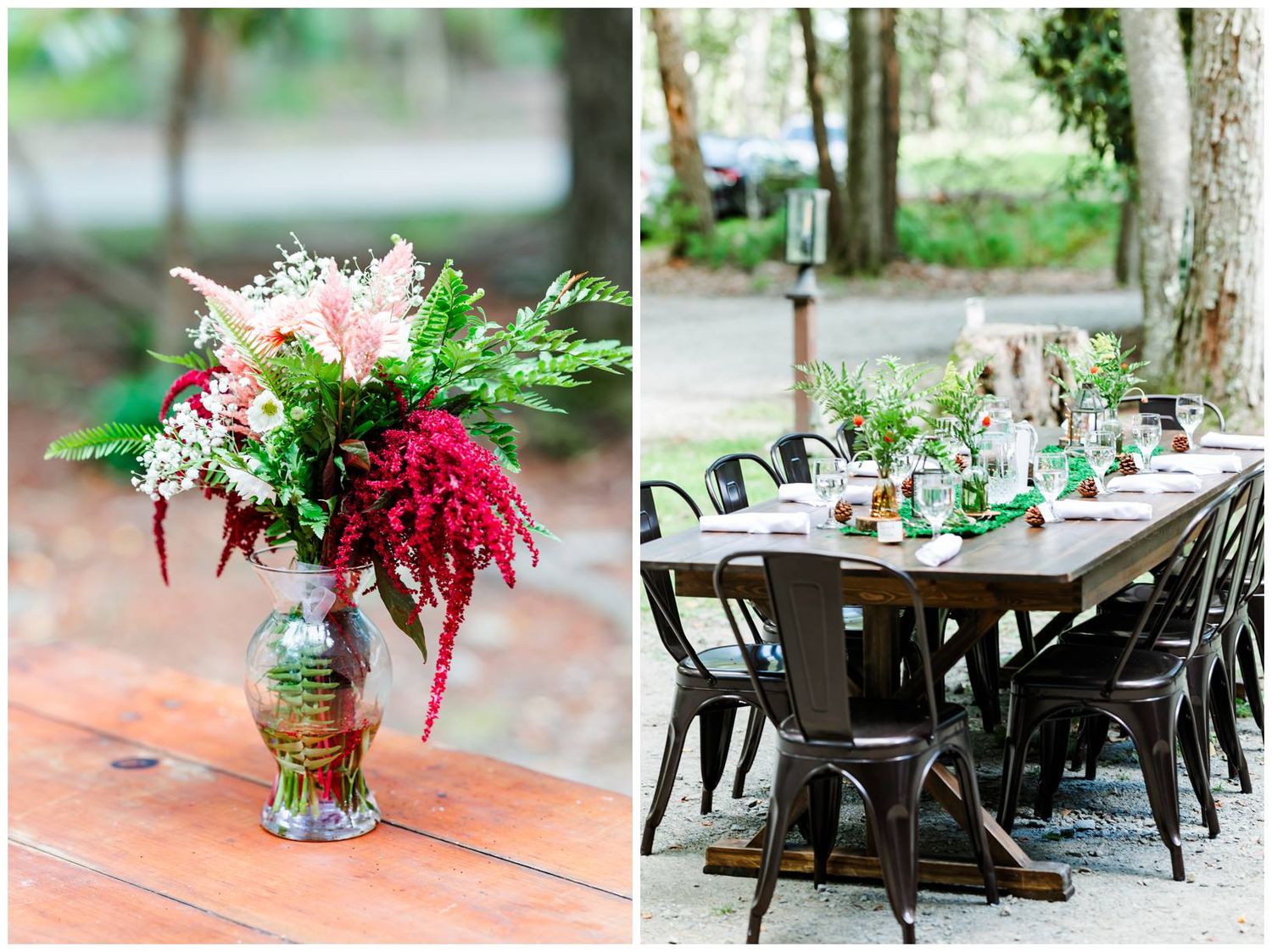 Elegant outdoor wedding reception setup with dark wooden chairs and lush floral centerpieces on tables under trees.