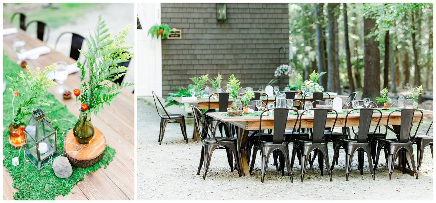 Rustic outdoor wedding venue setup with wooden chairs and tables surrounded by lush greenery and string lights.