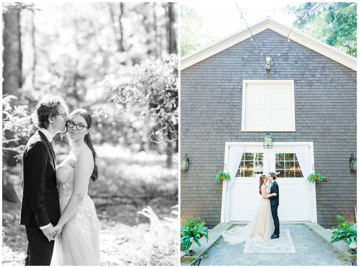 A series of black and white wedding photos showcasing a couple outside a charming chapel with white trim.