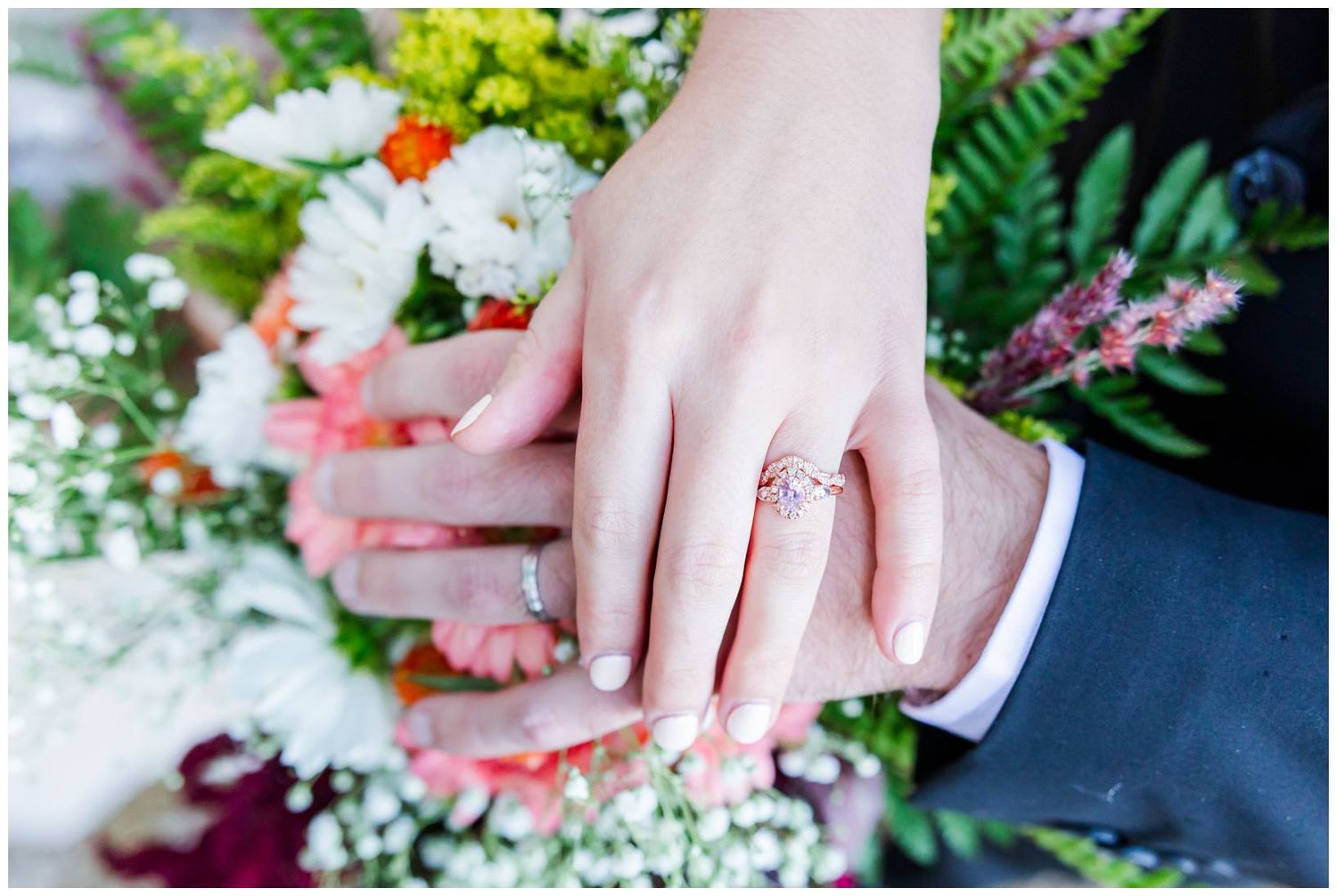 Close-up shots of wedding rings and floral arrangements featuring bright yellow and pink blooms.