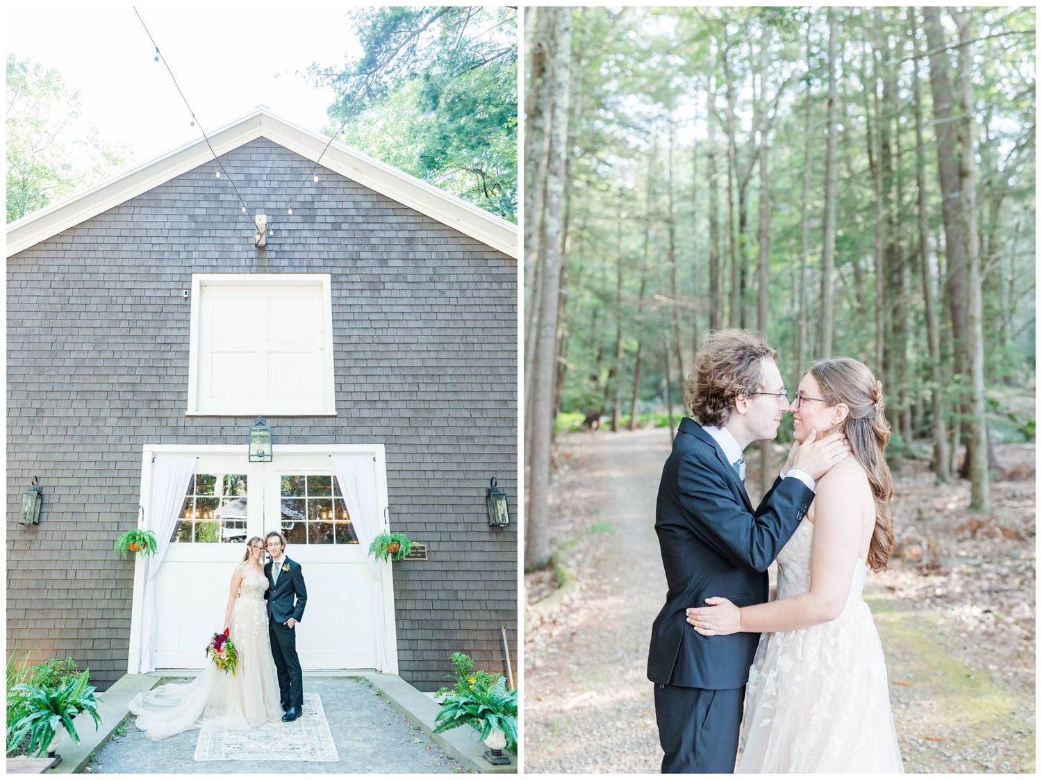 Elegant couple shares intimate moments outside a charming gray chapel surrounded by pine trees.