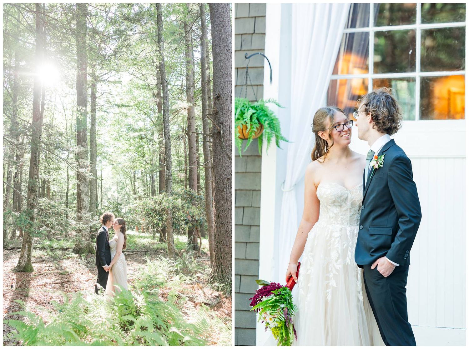 Wedding photos taken in a serene forest setting with sunlight filtering through tall pine trees.