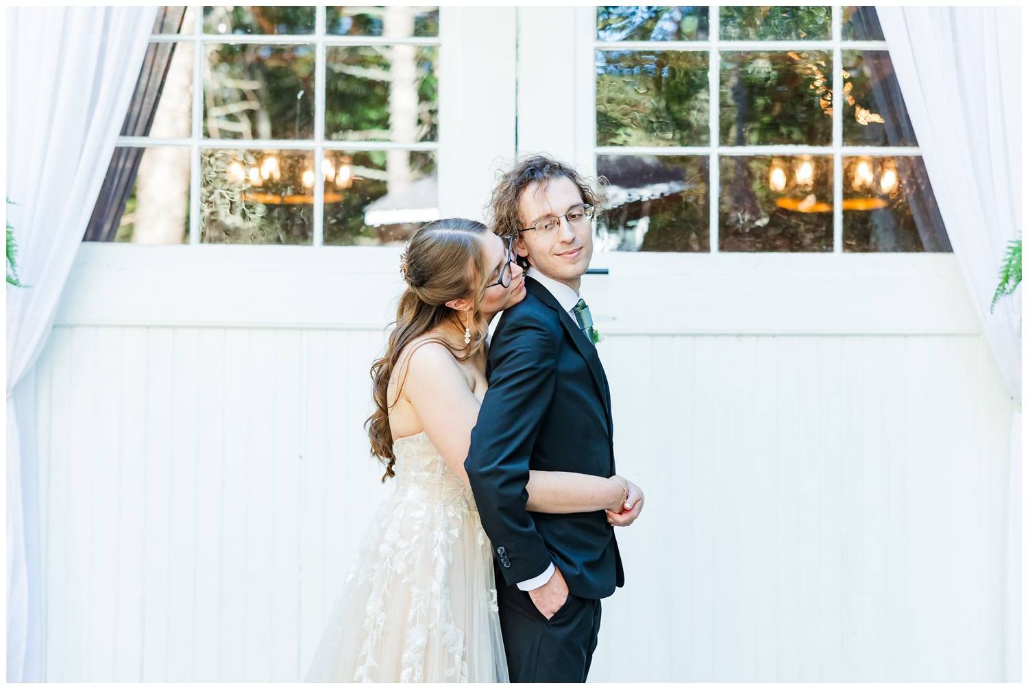 A series of elegant wedding moments photographed beneath white drapery and window-lit indoor settings.
