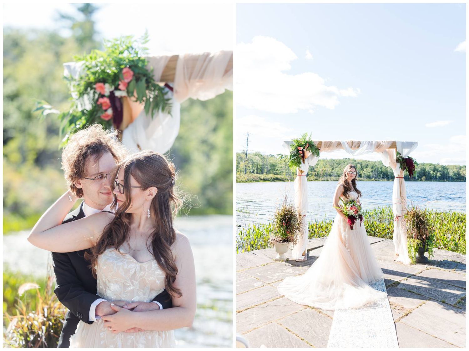 Wedding couple poses for romantic portraits on a dock by the water with a white wedding arch on a sunny day.