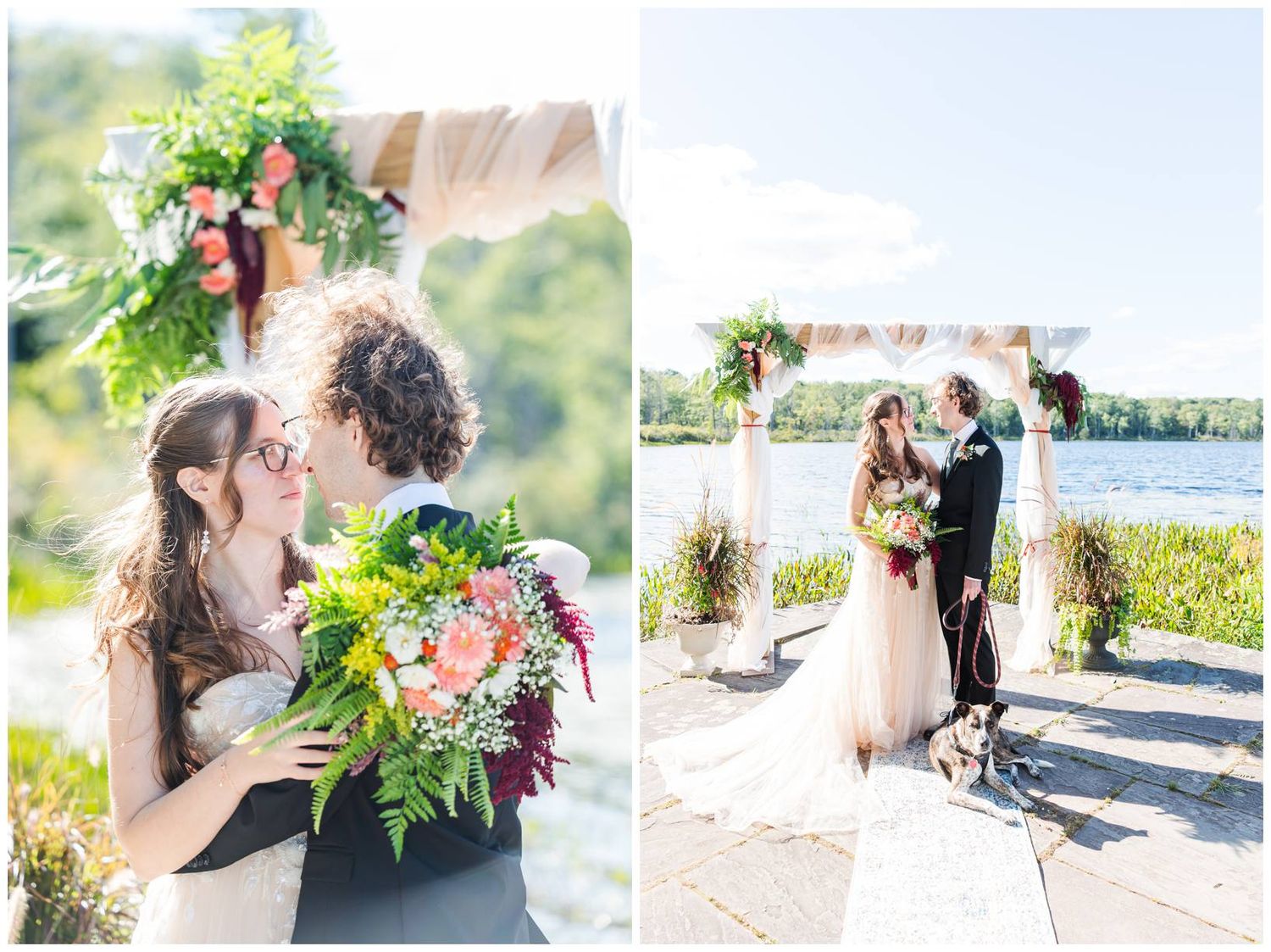 Collection of bright, airy wedding photographs featuring floral bouquets and intimate moments by a waterfront.