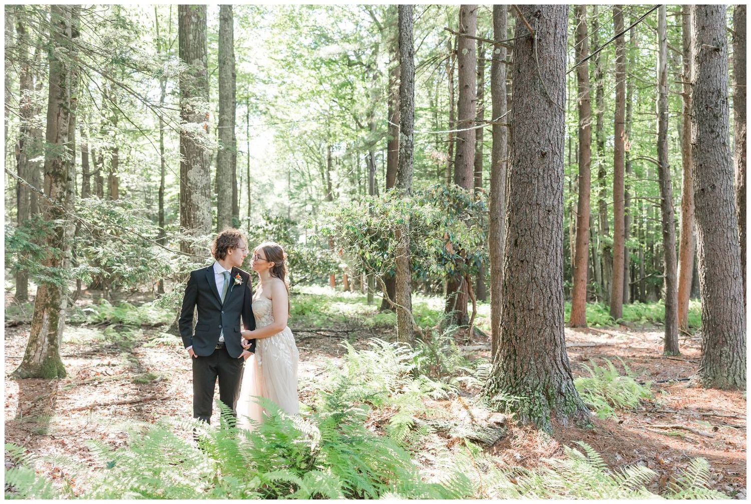 Forest wedding portraits among tall pine trees in a serene wooded setting.